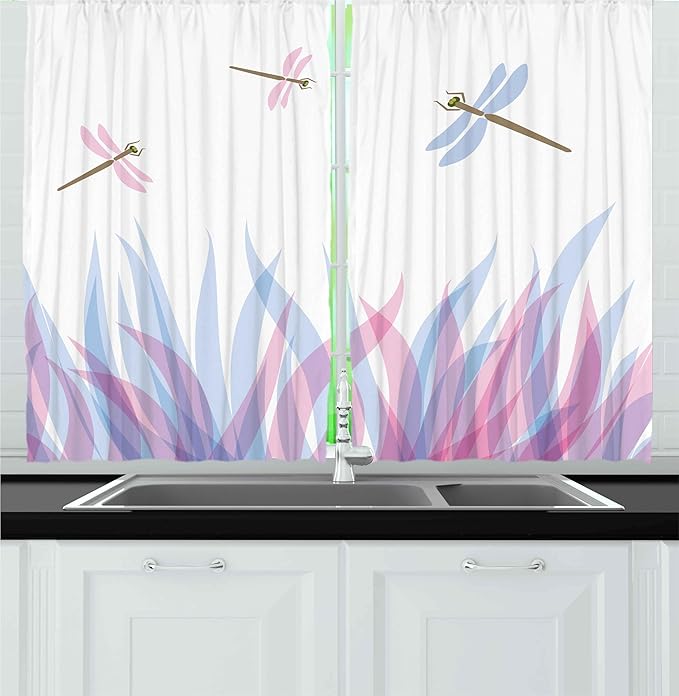 Ambesonne Dragonfly Kitchen Curtains, Nature Themed Colorful Birds Like Bugs Flies on Flame Abstract Image, Window Drapes 2 Panel Set for Kitchen Cafe Decor, 55" x 24", Violet Pink