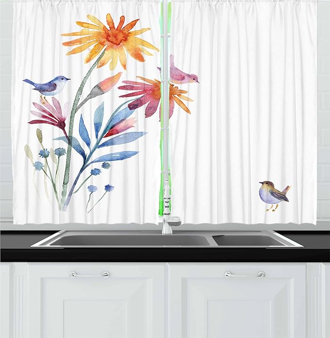 Ambesonne Watercolor Kitchen Curtains, Springtime Flowers with Birds Unusual Color Scheme Brush Effect, Window Drapes 2 Panel Set for Kitchen Cafe Decor, 55" x 30", Blue