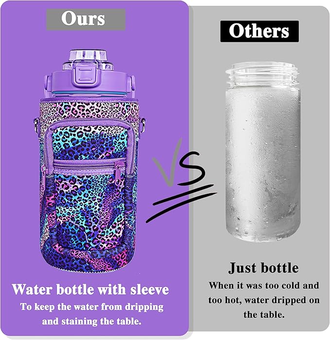 64 oz Water Bottle with Straw Sleeve & Strap Motivational Half Gallon Water Jug with Handle for Gym Women Men Aesthetic Water Bottle with Strap Leopard