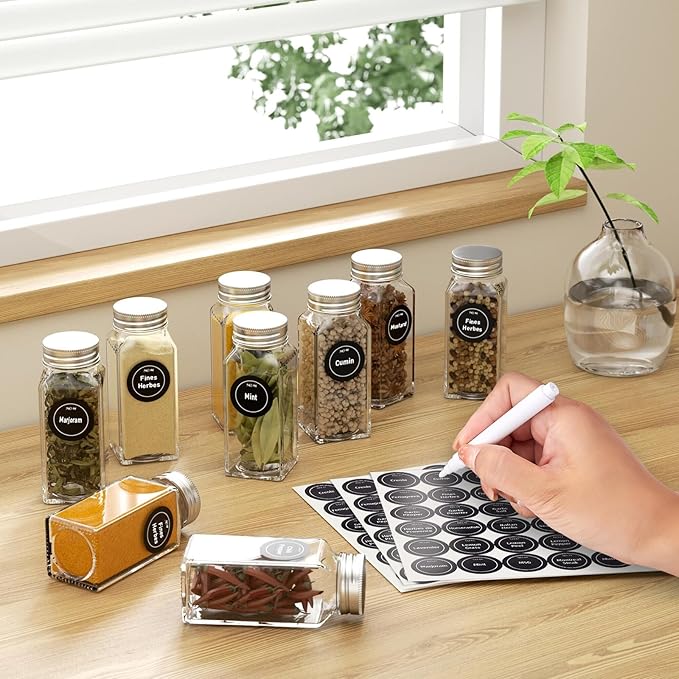 4 Pack Magnetic Spice Rack with 24 Spice Jars, Spice Labels, Chalk Marker and Funnel Set, Magnetic Spice Organizer Shelf for Refrigerator, Microwave, Seasoning Organizer for Kitchen