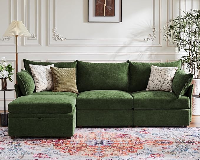 102.6" Modular Sectional Sofa, L Shaped Couch Set for Living Room, 3-Seater Comfy Cloud Couches with Movable Storage Ottoman,DIY Combination - Chenille Green