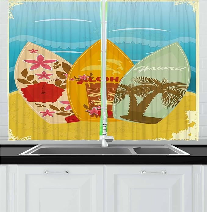 Ambesonne Tiki Bar Kitchen Curtains, Hawaiian Beach Surfboards on The Sand Exotic Summer Vacation Sport Vintage Style, Window Drapes 2 Panel Set for Kitchen Cafe Decor, 55" x 36", Blue Mustard