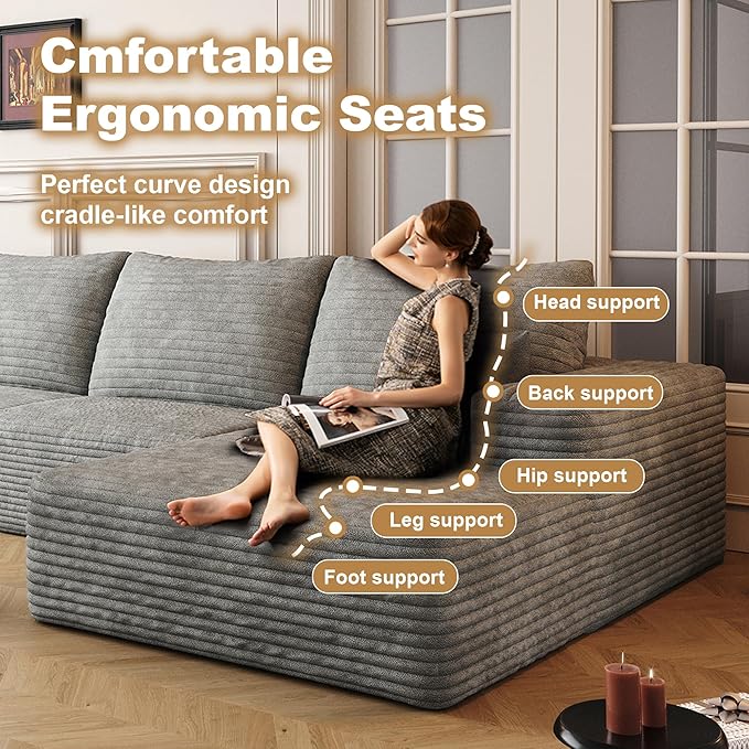 136" Sectional Couches for Living Room Modern Modular Sofa with L-Shape Couchs Upholstered Boneless Couch Deep Seat Sectional Couch with Chaise (Grey, Right Facing Chaise+3Seaters)