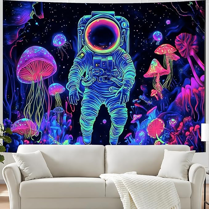 BVBOX Astronaut Space Blacklight Tapestry 79"x59", UV Reactive Astronaut Mushroom Forest Universe Galaxy Planet Glow in Dark Tapestries, Black Light Neon Upright Poster Wall Hanging Backdrop Decor for Bedroom Living Room