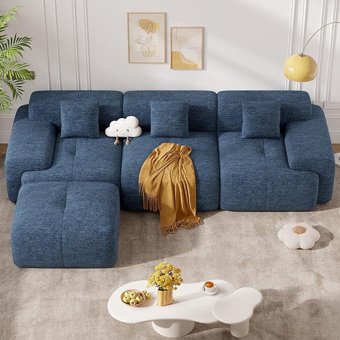 122" Modern L Shaped Modular Sectional Sofa, Boneless Couches for Living Room with Ottoman,4 Seater Convertible Chenille Cloud Couch Sofa Set, No Assembly Required, Blue 1 PCS