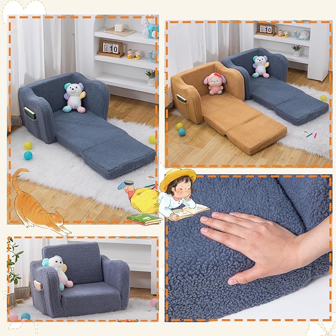Baby Toddler Sofa Couch for Kids Foldable 2-in-1 Sherpa Fold Out Couch Bed for Playroom, Pull Out Children Convertible Sofa to Lounger Sleeper Chair for Boys & Girls with Double Pockets - Dark Grey