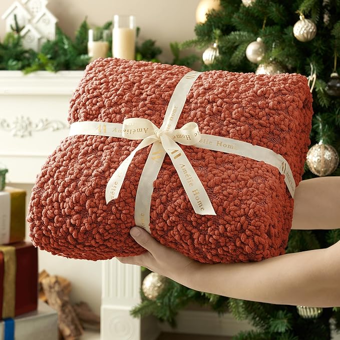 Amélie Home Knit Throw Blanket with Tassels for Couch, Luxury Boho Throw Blanket for Summer Orange, 50"x60"