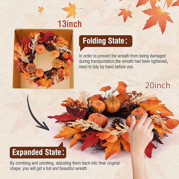 20 Inch Thanksgiving Fall Wreath, Berries Pumpkins Maple Leaves Pine Cones Autumn Wreaths with Hook for Front Door, Fall Decor, Porch Wall Home Outdoor Holiday Decorations Wreath for Autumn