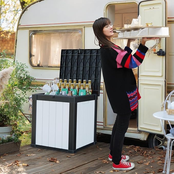 50 Gallon Deck Box Large Outdoor Storage for Patio Furniture,Outdoor Cushions,Garden Tools and Pool Supplies,Waterproof,Resin,Lockable(Black&White)