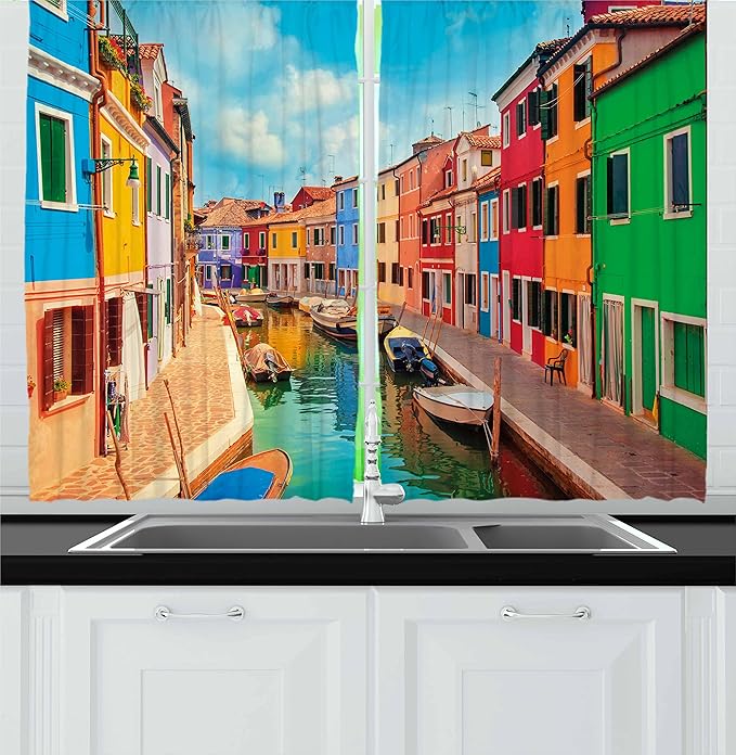 Ambesonne Venice Kitchen Curtains, Colorful Buildings and Water Canal with Boats Burano Island in The Venetian Lagoon, Window Drapes 2 Panel Set for Kitchen Cafe Decor, 55" x 24", Colorful