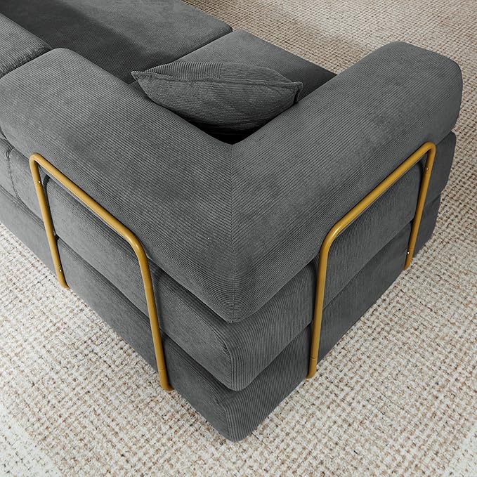 108" Oversized Convertible Sleeper Sofa Bed, Corduroy L Shape Sectional Couch, Folding Sofa Bed with Side Pocket, Modern Cloud Floor Mattress Couch, Modular Sofa for Living Room, Grey