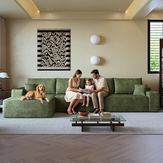 108" Sectional Couches for Living Room Modern Modular Sofa with L-Shape Couchs Upholstered Boneless Couch Deep Seat Sectional Couch with Chaise (Green, Left Facing Chaise+3Seaters)