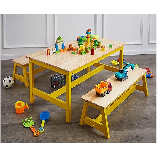 Amazon Basics Indoor Kids Table and Bench Set, Natural, solid pine wood, 3 Count (Pack of 1), Wood Activity Table for Art, Craft, Reading, Learning