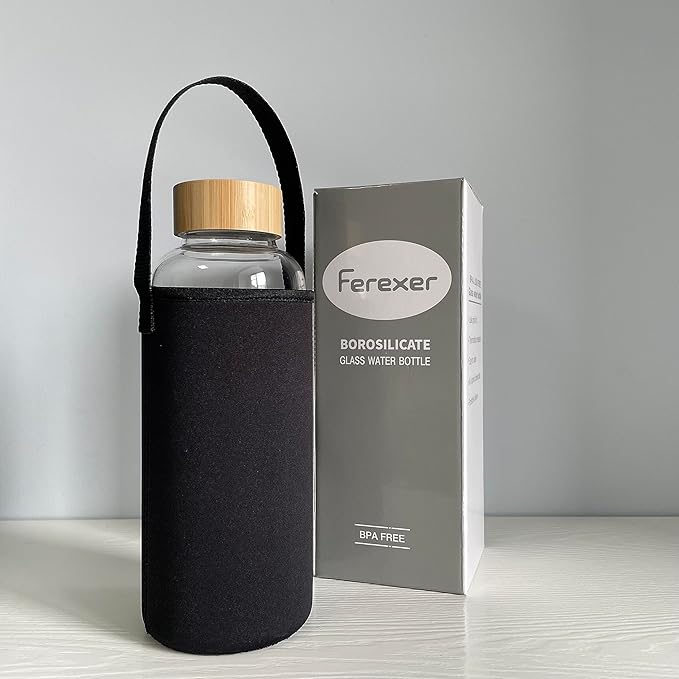 48 oz Sports Borosilicate Glass Water Bottle with Bamboo Lid with Neoprene Sleeve