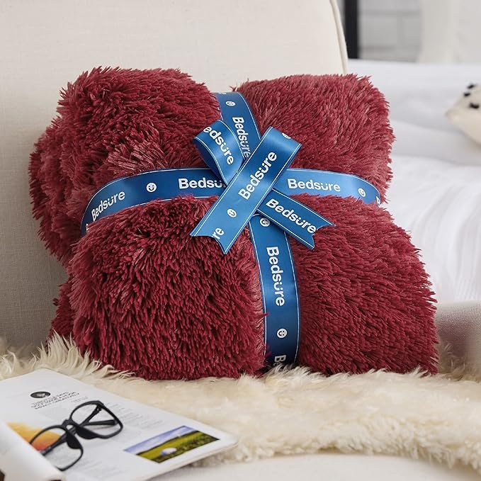 Bedsure GentleSoft Fluffy Burgundy Red Blankets Queen Size for Bed, Thick Sherpa Faux Fur Fleece Fuzzy Plush Winter Warm Soft Full Queen Blankets, Bedroom Decor Red Cozy Gifts for Women Men, 90x90