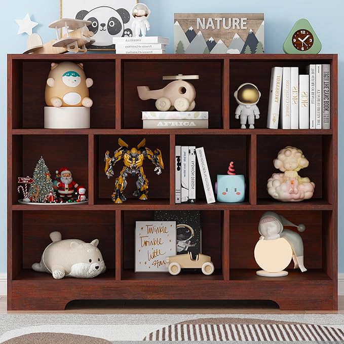 Book Shelf Set of 2, 10 Cubes Storage Organizer, 3-Tier Open Bookshelf Wooden Bookcase, Freestanding Cherry Bookshelf Cube Shelf for Living Room