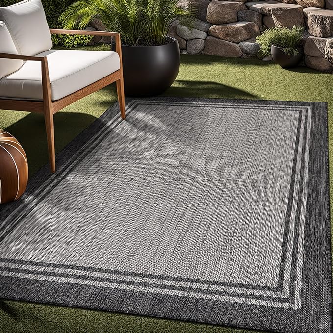 Bordered Outdoor Rug 10x14 Washable Outside Carpet for Indoor Patio Porch Waterproof Easy Cleaning Non Shedding Area Rugs Dark Gray 10 x 14