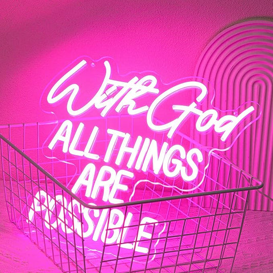"With God All Things Are Possible" Neon Sign God Neon Light for Wall Decor Letter LED Neon Sign Pink LED Neon Light Dimmable Neon Signs for Bedroom Wedding Church Decoration