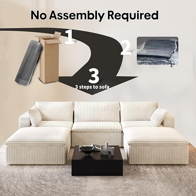 118" U Shaped Modern Sofa Modular Sectional Cloud Couch with 2 Ottoman,Upholstered Couches with Corduroy Fabric for Living Room Furniture,Bedroom and Apartment,No Assembly Required,White