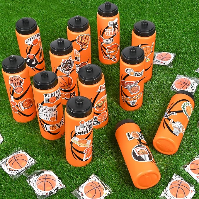 12 Pack Bulk Basketball Sports Water Bottle with 12 Pack Sticker Gift Set, Squeeze BPA-Free Reusable Water Bottles for Basketball Team Party Favors Gift(20OZ)