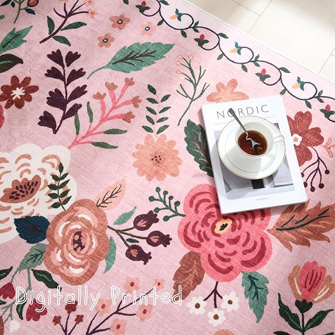 Area Rug 4x6 Rug Washable Boho Rugs Non Slip Low Pile Floral Small Carpet for Bedroom, Bedside, Kids Room, Office, Dining Room(Pink)