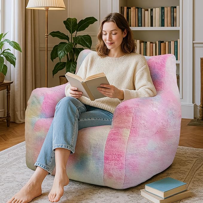 Bean Bag Chairs for Adults Ergonomic Support Reading Floor Sofa Chair with Filler Spacious (Colored, Standard)