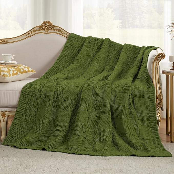 Amélie Home Chenille Knit Throw Blanket for Couch, Checkered Texture Decorative Soft Blanket for Sofa, Bed & Living Room, 50"x60", Olive Green