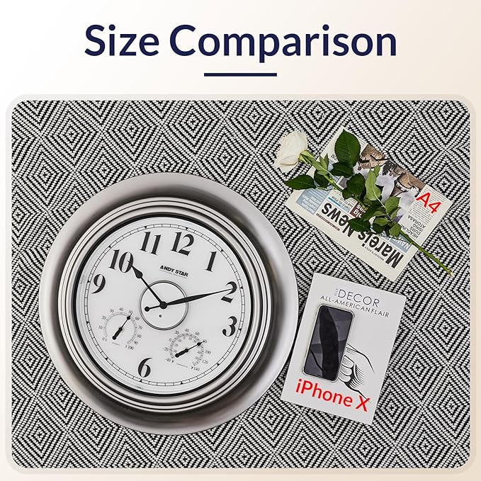 Andy Star 21 Inch Silver Illuminated Outdoor Wall Clock Waterproof with Thermometer and Hygrometer, Oversized Battery Operated Round Wall Clock, Big Silent Non Ticking Clock for Patio Pool Garden
