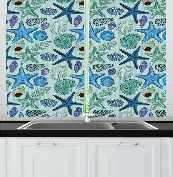 Ambesonne Starfish Kitchen Curtains, Aquarium Inspired Composition Tropical Seashells and Scallops Cockles and Clams, Window Drapes 2 Panel Set for Kitchen Cafe Decor, 55" x 30", Blue Seafoam