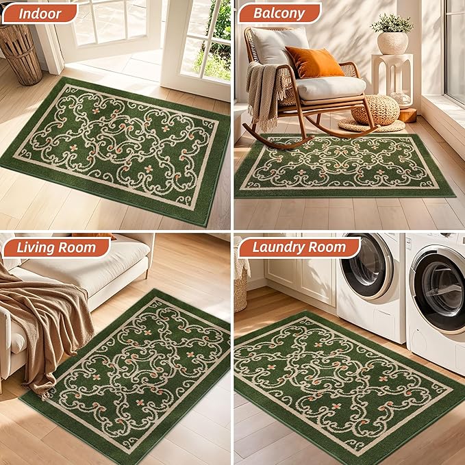 BEQHAUSE Dirt Trapper Door Mat 32" x 48", Non-Slip Entryway Rugs Washable, Floor Mat Stain Resistant and Absorbent Welcome Mat for Front Back Door, Muddy Wet Shoes & Paws, Green and Vining Floral
