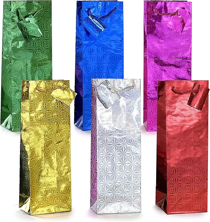 allgala Wine Gift Bags 12-PC 14"x5" Premium Wine Bottle Hologram Gift Bags 6 Color Assorted