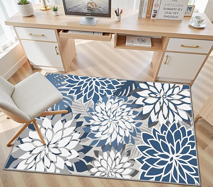 Area Rug 3x5 Blue White Washable Entry Rug Multicolored Tropical Botanical Modern Floral Indoor Kitchen Door Mat Entrance Carpet Non Slip for Bedroom Living Room, Porch