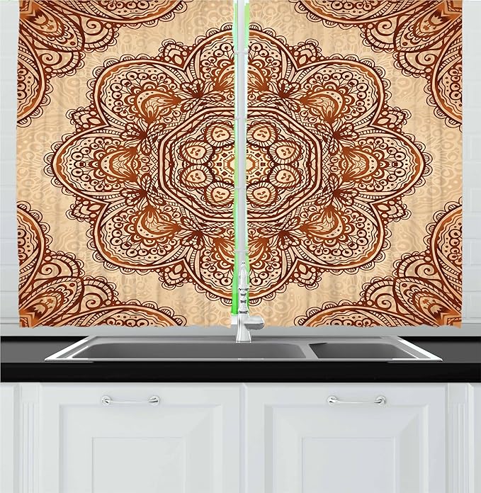 Ambesonne Ethnic Kitchen Curtains, Mehndi Style Floral Flower with Abstract Paisley Backdrop Art Print, Window Drapes 2 Panel Set for Kitchen Cafe Decor, 55" x 30", Dark Brown