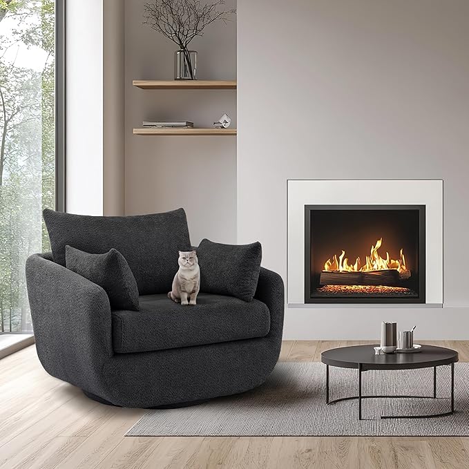 360° Swivel Accent Armchair Set of 2, 39.3" Oversized, Sherpa Boucle Fabric Sofa Chair with Removable Back & Arm Pillows, Swivel Chairs with Cozy Soft Padded, No Assembly Required, Dark Gray