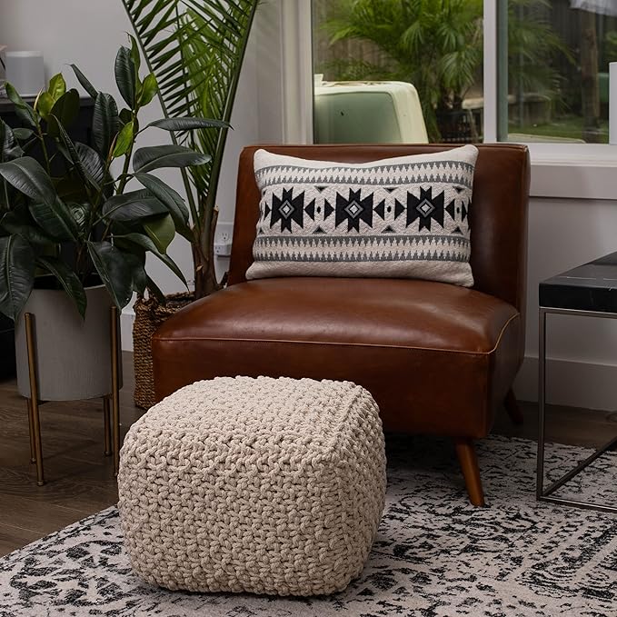 BIRDROCK HOME Square Pouf Ottoman | Cotton Braided Foot Stool with Bean Bag Filling | Boho Foot Rest for Living Room, Bedroom | Compact & Comfortable Seating, Lightweight & Sturdy | Natural