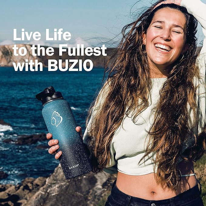 BUZIO Water Bottle with Straw lid, Spout Lid, Hand Lid and Carrying Pouch, 32oz 40oz 64oz Stainless Steel Water Flask Jug, Cold for 48 Hrs Hot for 24 Hrs Double Vacuum Thermo Canteen Mug, BPA-Free