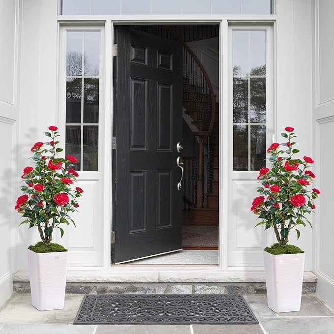 Artificial Camellia Tree 4FT Faux Trees Indoor Fake Floral Plant Blooming Tree with Red Flowers & White Tall Planter, Faux Camellia Plants for Porch Home Room Bedroom Office Front Door Outdoor Decor