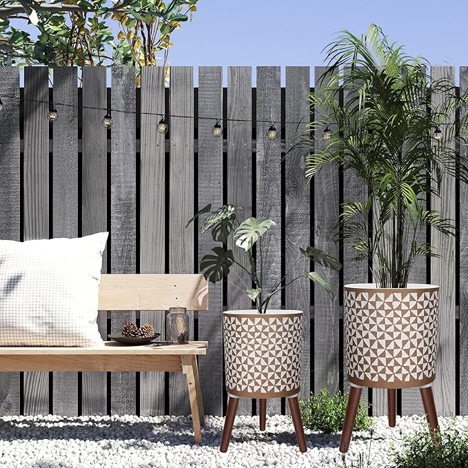 10 & 12 Inches Plant Pot with Stand, Large Modern Standing Planters for Indoor Outdoor Plants with Drainage Holes, Big Gold Floral Embossed Flower Pots with Legs