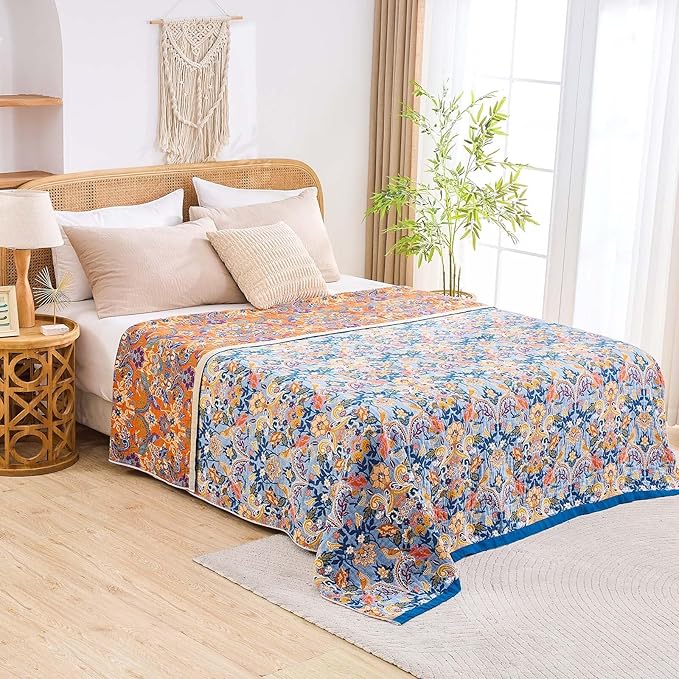 Boho Throw Blanket for Bed, 100% Cotton Soft Rustic Quilt Fall Blanket, 80"x90" Floral Printed Farmhouse Decor Bed Blankets, All Season Rustic Reversible Bohemian Throw Quilt