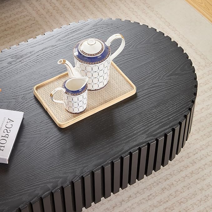 43.7" Oval Coffee Table for Living Room,Modern Handcraft Drum Coffee TableSmall Wooden Coffee Table with Sturdy Pedestal Easy Assembly for Office-Black