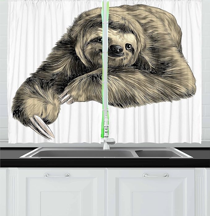 Ambesonne Sloth Kitchen Curtains, Sweetly Smiling Jungle Animals Lying Down with Crossed Legs Tropic Fauna Sketch, Window Drapes 2 Panel Set for Kitchen Cafe Decor, 55" x 36", Black Ivory