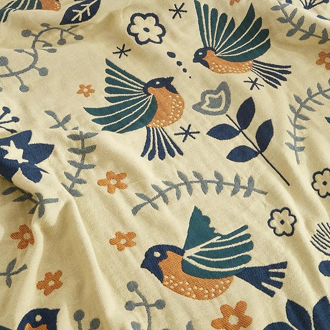 Boho Throw Blanket for Bed 80”x90”, 100% Cotton Woven Blanket for Couch Sofa, Ultra Soft 4-Layer Muslin Quilt with Bird Floral Printed, Farmhouse Bed Blanket/Cover for Living Room Decor