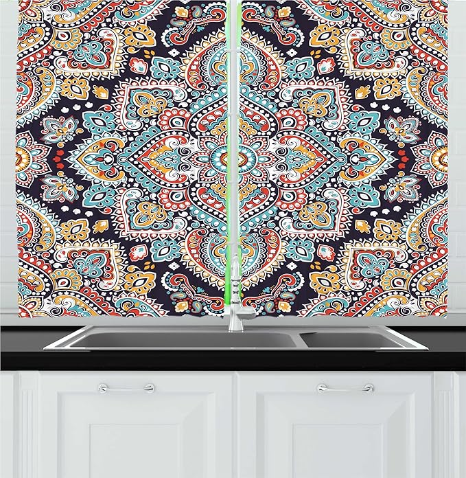 Ambesonne Ethnic Kitchen Curtains, Bohemian Style Motif Vintage Oriental Inspired Traditional Art, Window Drapes 2 Panel Set for Kitchen Cafe Decor, 55" x 24", Navy Teal