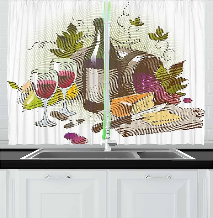 Ambesonne Wine Kitchen Curtains, Vintage Style Composition with Wine and Cheese Fruits Gourmet Taste Beverage and Food, Window Drapes 2 Panel Set for Kitchen Cafe Decor, 55" x 30", Multicolor