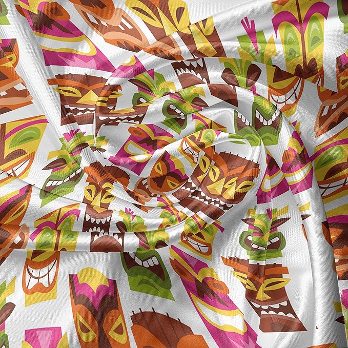 Ambesonne Tiki Bar Valance & Tier Curtain 3 pcs Set, Sixties Retro Inspired Hawaiian Party Happy Tiki Pattern Colorful, Window Treatments for Kitchen Room Decor, 55" x 36", White Brown