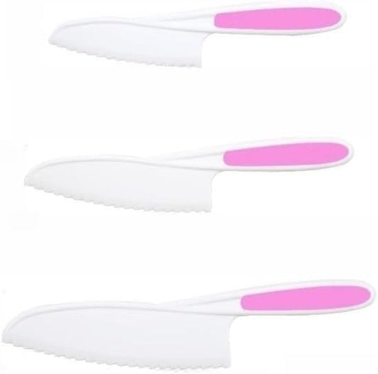 3 Pcs Kids Knife Set for Real Cooking, Kid Safe Knives for Cutting, Kids Cooking and Baking Set, Plastic Knives, Kitchen Set (Pink)