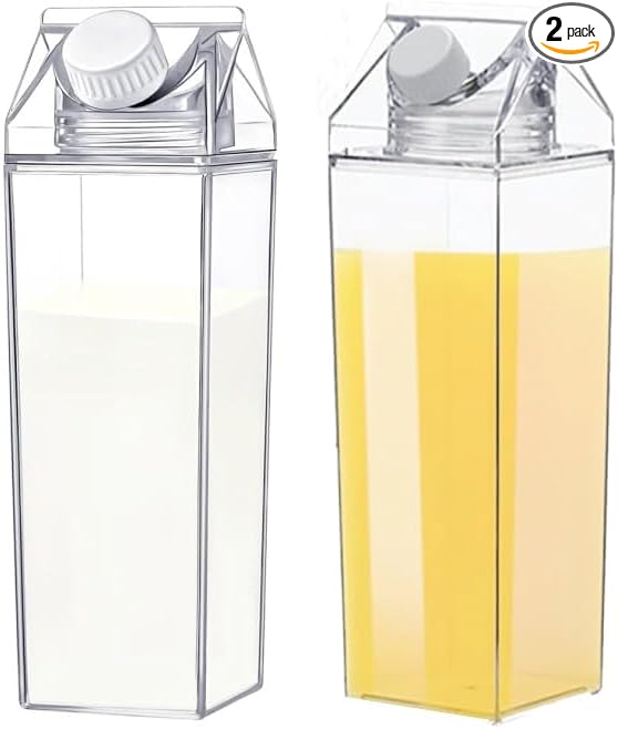2Pcs 17Oz/500ML Milk Carton Water Bottle Reusable Plastic Juice Bottle Beverage Milk Cup Leakproof Juice Tea Jug for Outdoor Climbing Travel Or Camping