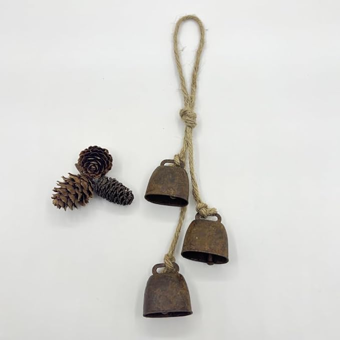2pc Rustic Charm Bell - Handmade Hemp Rope Wind Chimes Hanging Decoration, Distressed Finish Cow Bell with Jute Hanging Rope, Perfect for Front Door, Outdoor, Window, and Home Decor,