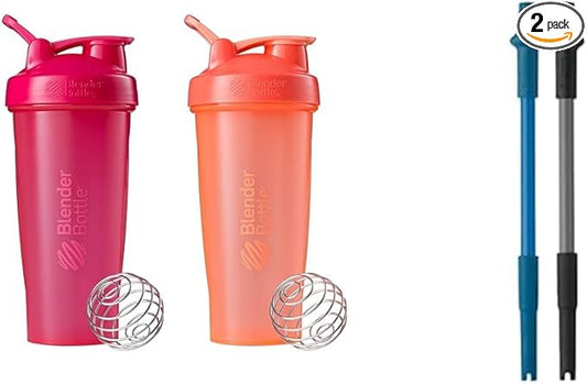 BlenderBottle Classic Shaker Bottle Perfect for Protein Shakes and Pre Workout, All Pink and Coral & Stay-In-Bottle Reusable Silicone Straws for Shaker Bottles, Black and Blue (2 Pack)