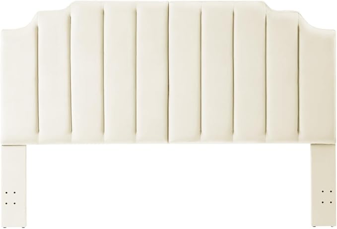 24KF Cream Velvet Tufted King Upholstered Headboard, Modern Vertical Channel Design California King Headboard with Stepped Silhouette Top Edge,Cream